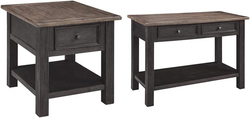Signature Design by Ashley Tyler Creek Rustic End Table with Storage Drawer and Fixed Shelf, Brown & Black and Tyler Creek Modern Farmhouse Sofa Table, Brown & Black