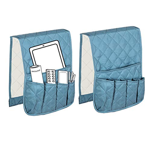 H.VERSAILTEX Non-Slip Couch Sofa Chair Armrest Organizer with 5 Pockets for Phone Book Magazines TV Remote Control, 2 Packs (Smoke Blue/Beige) - 13