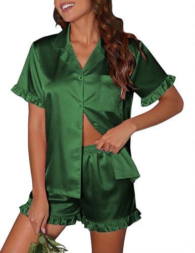 Image of Ekouaer Satin Pajama Set for Women Button Down Silk 2 Piece Pj Sets Ruffle Short Sleeve Sleepwear,Dark Green,L