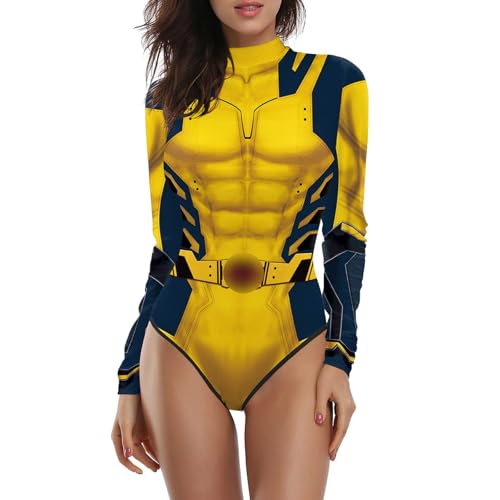 Women's One Piece Printed Sun Protection Swimsuit Long Sleeve Zip Up Sexy Superhero Bathing Suit for Beach Swimming