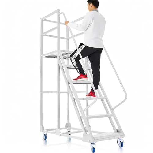 Image of 6 Steps Rolling Ladder, Mobile Platform Ladders with Handrails, Industrial & Warehouse Non-Slip Stair Ladder, Heavy Duty Step Ladders for Home Library Outdoor, 1100lbs Capacity