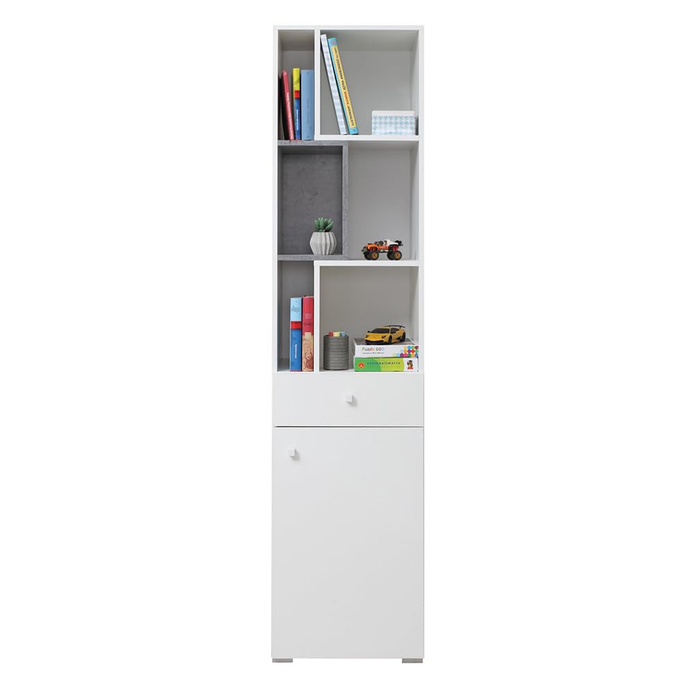 Lomadox Jugendzimmer Set 7-teilig mit Kommode, Eckkleiderschrank, 2 Regalschränke, Wandregal, Schreibtisch, Jugendbett in Beton und weiß modern