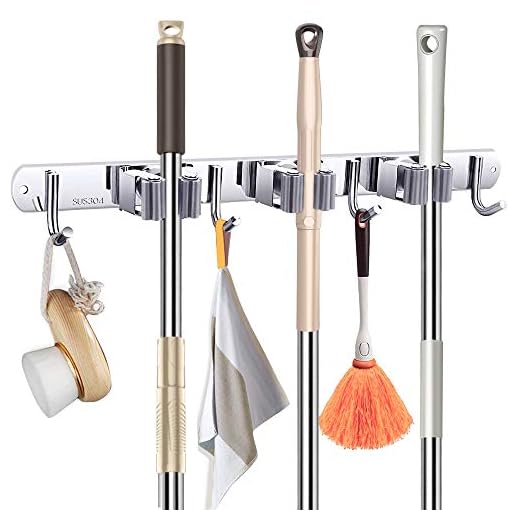 Broom Mop Holder Wall Mount,Metal Stainless Steel Wall Mounted Storage Organizer Heavy Duty Tools Hanger with 3 Racks 4 Hooks for for Bathroom Kitchen Office Closet Garden