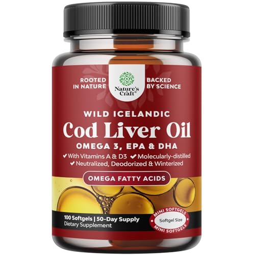 10% off - Icelandic Wild Caught Cod Liver Oil Softgels - Fish Omega 3, EPA, DHA, Vitamin D & A, 1000mg Per...