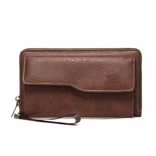 Large Wallet Clutch Long Leather Phone Purse ，2-Fold Design, Multiple Card Slots, Wristle Money Organizers with Coin Purse and Smooth Zipper（dark brown