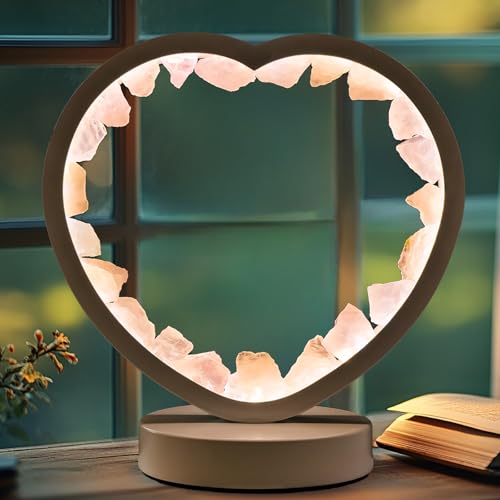 Image of Runyangshi Crystal Lamp Heart Shape Natural Rose Quartz Healing Night Light, Tri-Color USB Dimmable Bedside Ambient Lamp, Heart Chakra Feng Shui Decor Gift for Bedroom Sleep