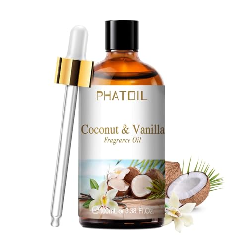 100ML/3.38fl.oz Coconut & Vanilla Fragrance Oils, PHATOIL Coconut & Vanilla Oil for Diffuser, Humidifier, Scented Oils for DIY Soap, Candle Making with Premium Glass Dropper