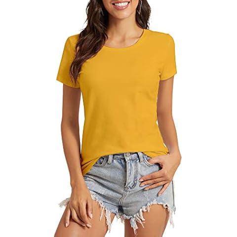 GUBUYI Women's Basic Short Sleeve Crew Neck T-Shirt Solid Slim Fitted Cotton Tops(Yellow/O-Neck,M) Cover