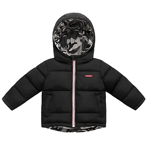 LUOUSE Boys' Reversible Winter Hoodie Coat Jacket with Zippered and Pockets, One Side Black and Camo on the Other, Ages 5-102
