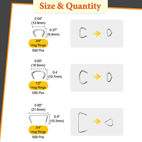 Rustark 1500 Stück Hog Ring Verzinkte Schweineringe Sortiment Satz 3/8\, 3/4\, 1/2\ Hog Ring Set für Möbel, Wursthüllen, Zäune, Fleischbeutel
