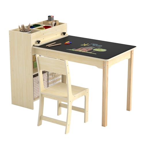 Puecrof Kinder Kreativtisch mit Stuhl aus Massivholz – Multifunktioneller Lern- & Spieltisch mit Stauraum für Kleinkinder ab 12 Monaten | Maltisch für Zuhause mit ergonomischem Kinderstuhl​