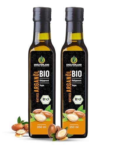 Kräuterland Bio Arganöl 2X250ml (500ml), Ungeröstet & Mild, Kaltgepresst, naturrein ohne Zusatzstoffe, Vegan & GVO-frei, geeignet für Haut & Haare, Orginal aus Marokko