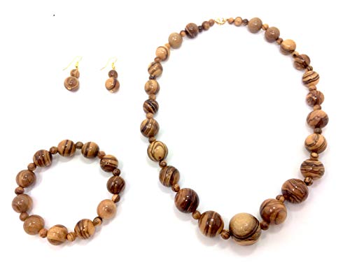 Preisvergleich Produktbild Schmuckset aus echten Olivenholz mit Halskette, Armband und Ohrringen handgemacht Holzschmuck Naturprodukt