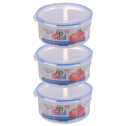 HOMESHOPA Plastic Airtight Food Storage Container, 1.5 Litre 3 Pack Round Leakproof Stackable Container with Clip-Lock Lid, BPA Free Reusable Meal Prep Lunch Box, Microwave Freezer & Dishwasher Safe
