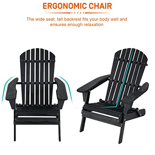 Folding Adirondack Chair Set Of 2 Patio Chairs Weather Resistant Folding Outdoor Chair Solid Wooden Heavy Duty Reclining Fire Pit Chair For Deck, Lawn, Backyard, Garden-Black #TOP4