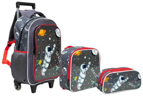 Kit Mochila de rodinha escolar Nave Espacial Espaço com Lancheira Térmica e Estojo Duplo (CINZA)