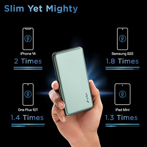 Image of URBN Power Bank 10,000mAh Ultra Slim 12W | Dual Port Type C Input /Output | BIS Certified | 4-Layer Circuit Protection | 6-Month Replacement Warranty | Made in India | Free Type C Cable - Green