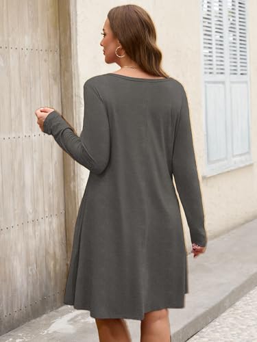 Image of AusLook Women's Plus Midi Dress Long Sleeve Crew Neck A-Line Swing Flowy Vacation Fall Wedding Guest Dresses with Pocket 1-5X