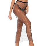 deladola Mesh Rhinestone Dress Black Sparkly Crystal See Through Fishnet Bottoms Bikini Nightclub Party Split Skirt Rave Festival Costume Body Accessories Jewelry for Women(100cm)