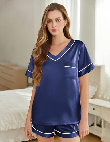 Image of Silk Pajamas for Women Short Sleeve Satin 2 Piece Pj Set Soft V Neck Sleepwear Loungewear, S-XXL