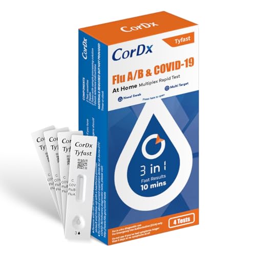 Image of CorDx Tyfast at-Home Flu A/B and COVID-19 Rapid Test Kit, Easy, Accurate, Fast Results in 10 Minutes, 4 Tests.