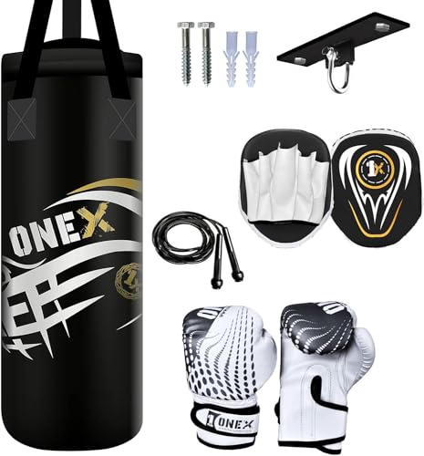ONEX - Sacco da Boxe per Bambini, con Guanti, Corda per Saltare, Sacco da Boxe, Zaini e Ganci, 61 cm, Colore: Nero