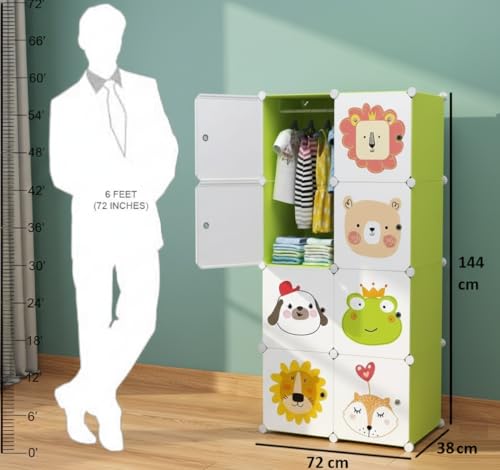 Image of KRISHYAM Kids Modular Storage Cabinet with Cartoon Animal Doors, 8 Cube Plastic Wardrobe Organizer, DIY Closet System with Hanging Rod, Toy & Clothes Storage (Green, 8 Box)