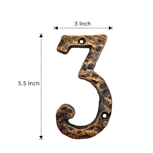 5.5 Inch House Numbers, Cast Iron Home Address Number, Featuring Solid/Heavy Duty & Sturdy, Uneven Bronze-colored,Number 3