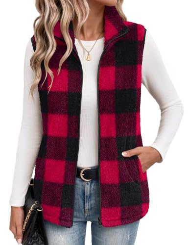Zeagoo Red Plaid Fleece Vest Women Sherpa Sleeveless Jacket