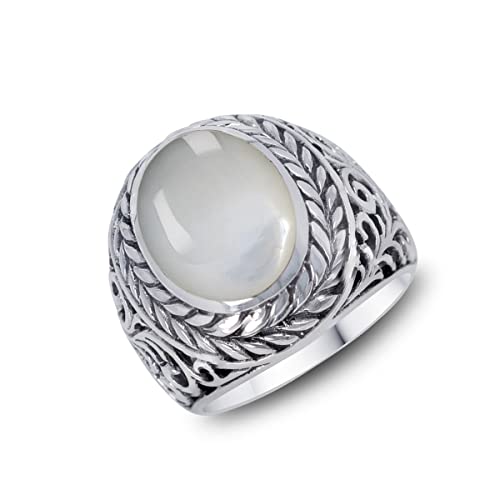 Bague Biker Homme Pierre Nacre Blanche Argent Massif Robuste Anti-Noircissement