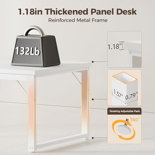 Image of Mericonia 54 Inch Computer Desk with Power Outlets, 1.2 inch Thick Office Table | Modern Simple Style, Heavy Duty Industrial Frame, Study & Writing Table for Home Bedroom Work, White