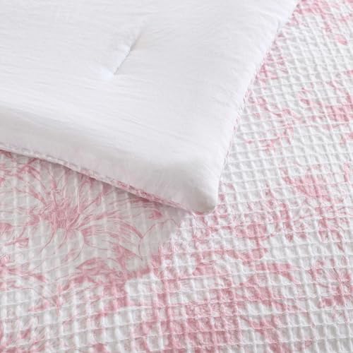 Image of Laura Ashley - Comforter Set, Soft Poly Waffle Textured Bedding with Matching Shams, Delicate Floral Design (Delphine Pastel Pink, Full /Queen)