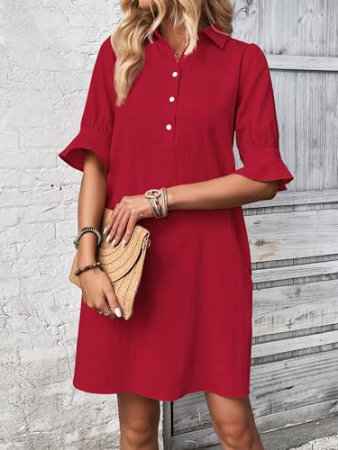 Image of FENSACE Womens Casual Shirt Dress Ruffle Sleeve Button Down Shift Summer Dresses with Pockets