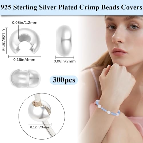 Beebeecraft 1 Box 300Pcs 4x3mm Open Crimp Beads 925 Sterling Silver Plated Half Round Crimp Beads Knot Covers End Tip Caps for Jewelry Making Beading DIY Crafts Bracelets Necklaces - Image 2
