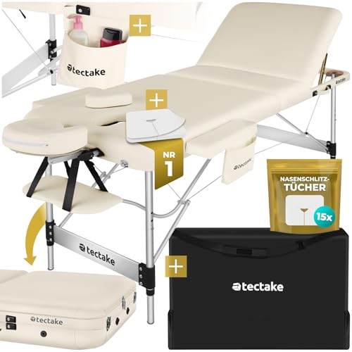 tectake® Massageliege 3 Zonen, Massagetisch, Massageliege klappbar, höhenverstellbare Aluminium Massageliege, Massagebett tragbar inkl. Zubehör, Kopfstütze, Armlehne, Tragetasche - beige 1