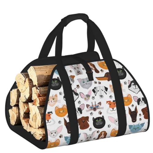 ERCgad Cartoon Cat and Dog Print Firewood Bag Storage Sack for Camping Picnic Home Travel Outdoor Versatile