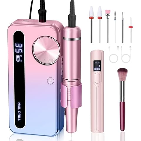 Portable Electric Nail Drill, 35000RPM Cordless Nail Drill with Mini UV Nail Lamp, Rechargeable High Capacity Battery for Long-Lasting Use, Professional Nail Drill for Home and Salon, Pink Cover