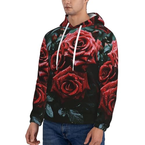 Men's Fleece Pullover Hoodie Long Sleeve Hooded Red and black rose Sweatshirt Casual Shirts With Pockets Small3