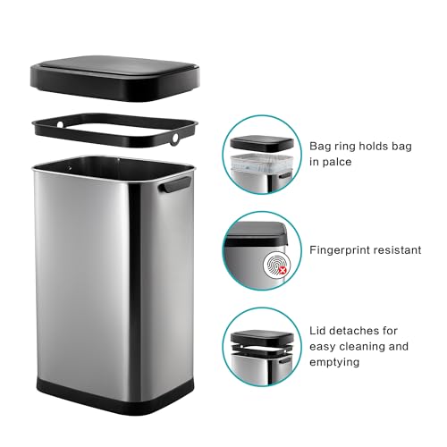 Image of 13 Gallon Trash Can, Touchless Stainless Steel Kitchen Bin (Silver) | Automatic Motion Sensor Lid | 50L Fits 13 Gal Tall Kitchen Bags | Anti-Fingerprint Brushed Finish | For Home Office Bathroom