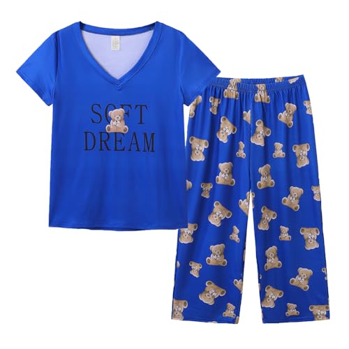 Image of YIJIU Women Soft Comfy Pajamas Cute Cat Short Sleeve Capri Pants PJS Set