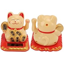 2PCS Lucky Cat Waving Arm, Solar Energy Powered Lucky Cat Maneki Neko Mini Size Bring in Wealth and Treasure for Car Bedroom Office Yellow