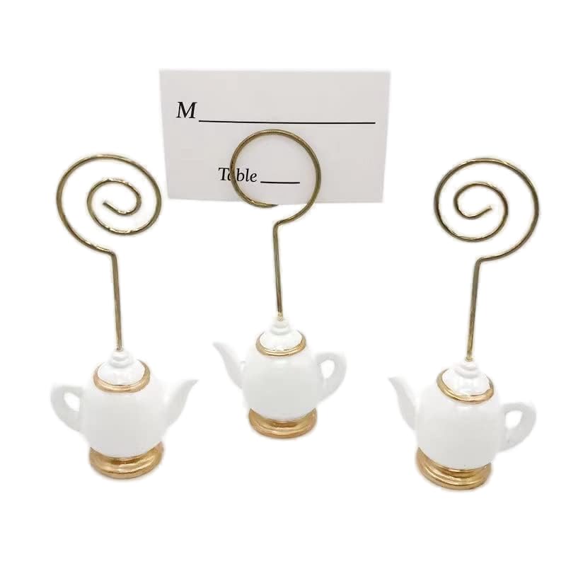AMERRY 10Pcs Teapot Table Card Holder?Place Card Holders, Table Number Holder?Photo Holders, Party Favors, Wedding Decorations ?Delicious Afternoon Tea, Delicious Breakfast teapot(Golden and White)
