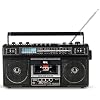 تحويل QFX J-220BT Boombox MP3 من الراديو إلى الكاسيت مع راديو 4 نطاقات (AM، FM، SW1، SW2) مع بلوتوث، بطارية قابلة لإعادة الشحن، 3 مكبرات صوت مزدوجة، ميكروفون مدمج، مسجل، معادل صوت 3 نطاقات