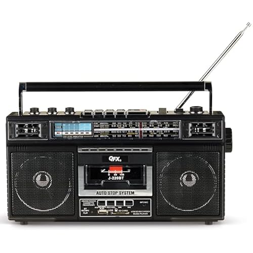 QFX Retro Bluetooth Boombox Cassette Tape Player Recorder, J-220BT, Black