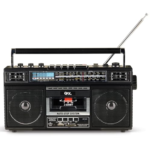 QFX J-220BT Boombox MP3 Conversion from Radio to Cassette with 4-Band (AM, FM, SW1, SW2) Radio with Bluetooth, Rechargeable Battery, Dual 3” Speakers, Built-in Microphone, Recorder, 3-Band Equalizer by QFX - Used condition - US$42.74