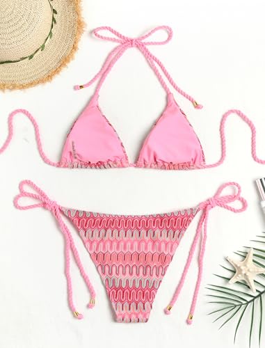 Image of ZAFUL 2 Piece Triangle Bikini for Women Knitted Rope Halter Bikini Sets Sexy Bathing Suit Side Tie Swimsuits Beachwear