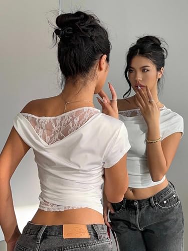 Verdusa Women's Lace Top Off The Shoulder Elegant Crop Shirts Going Out Tops4
