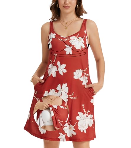 Image of ANYFITTING Built in Bra Summer Dresses for Women 2025 Casual Short Dress with Pockets Mini Floral Sundresses