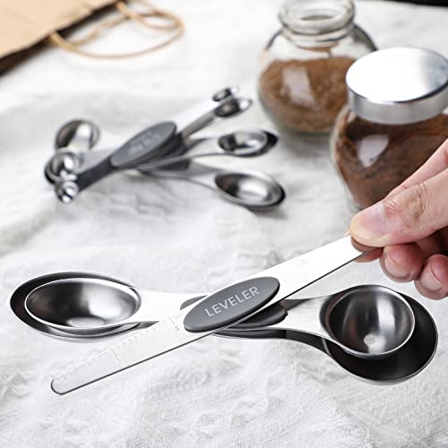 Magnetic Measuring Spoons Set Stainless Steel With Leveler, Stackable Metal Tablespoon Measure Spoon For Kitchen Gadgets Essentials Fits In Spice Jars (Grey) #TOP5