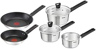 Tefal B906S544 Simpleo Stainless Steel, 5 Piece Pots Set, 14 cm Milkpan, 16 cm/18 cm Saucepans with Lids, 20/24 cm Frying Pans